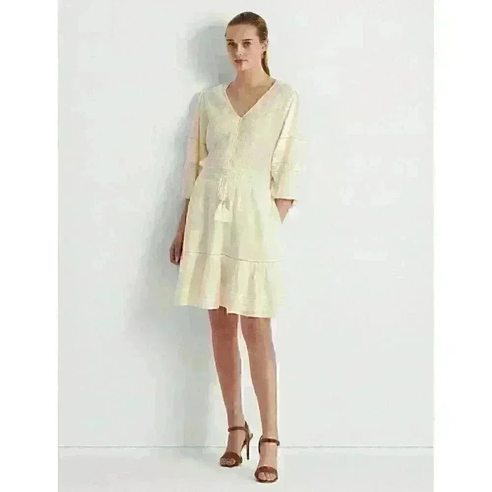 NEW Lauren Ralph Lauren Women's 10 Crinkle Cotton Blouson-Sleeve Dress $185